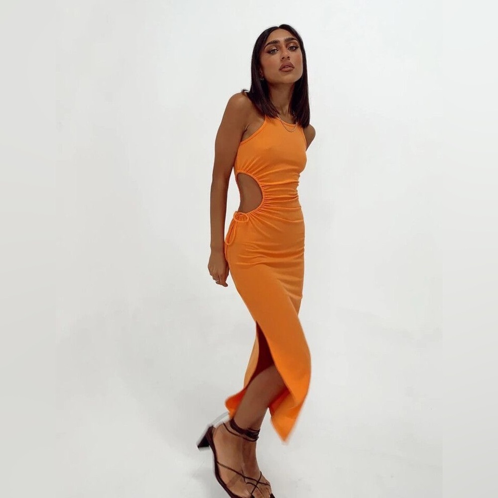 Princess Polly Louie Bright Orange Side Cutout Ribbed Midi Dress AU 10 US 6